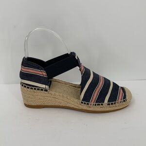 Tory Burch Catalina wedge espadrille shoe red white blue stripe canvas logo 7